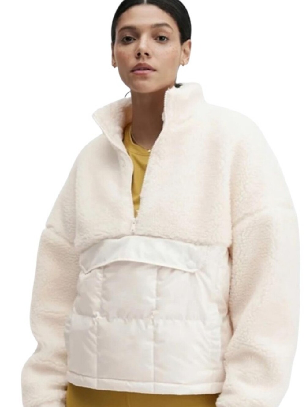 Fabletics Nelly Mixed Media Half Zip Faux Sherpa Puffer Jacket Ivory Oats L